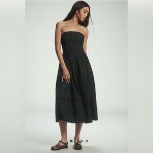 Anthropologie Black Cotton Poplin Strapless Smocked Pintuck Midi Dress - Medium